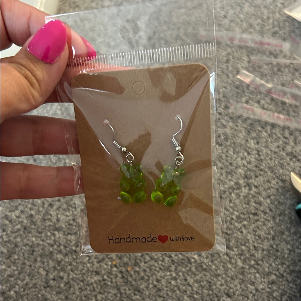 Handmade Green Gummy Bear Drop Earrings